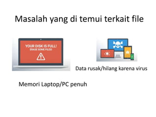 Masalah yang di temui terkait file
Data rusak/hilang karena virus
Memori Laptop/PC penuh
 