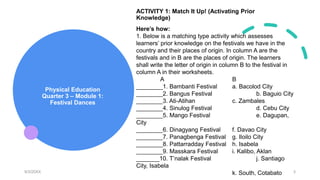Physical Education
Quarter 3 – Module 1:
Festival Dances
ACTIVITY 1: Match It Up! (Activating Prior
Knowledge)
9/3/20XX 3
Here’s how:
1. Below is a matching type activity which assesses
learners’ prior knowledge on the festivals we have in the
country and their places of origin. In column A are the
festivals and in B are the places of origin. The learners
shall write the letter of origin in column B to the festival in
column A in their worksheets.
A B
________1. Bambanti Festival a. Bacolod City
________2. Bangus Festival b. Baguio City
________3. Ati-Atihan c. Zambales
________4. Sinulog Festival d. Cebu City
________5. Mango Festival e. Dagupan,
City
________6. Dinagyang Festival f. Davao City
________7. Panagbenga Festival g. Iloilo City
________8. Pattarradday Festival h. Isabela
________9. Masskara Festival i. Kalibo, Aklan
_______10. T’nalak Festival j. Santiago
City, Isabela
k. South, Cotabato
 