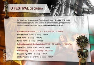 O FESTIVAL DE CINEMA
Os dois finais de semana do Festival de Cinema (10 à 12 e 17 à 19/08)
são marcados por uma forte agenda de entretenimento, principalmente o
último, e recebem algumas das principais baladas do Brasil:

Casa Branca Sunset (11/08 – 16 a 01:03hs) – 1000/A
Pink Elephant (17/08 – à noite) – 1000/A
Wish (17/08 – à noite) – 1000/AB
Farms (17/08 – à noite) – 5000/BC

Feijoada Austral Stella Artois (18/08 – 12 às 20hs) – 1000/AA
Carpe Vita (18/08 – 16 a 01:30hs) – 1000/A

Green Valey (18/08 – à noite) – 14000/BC
Kiss and Fly (18/08 – à noite) – 1000/A
Winter Festival (17 e 18/08 – à noite) – 1000/A

 