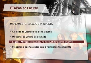ETAPAS DO PROJETO

MAPEAMENTO, LEGADO E PROPOSTA
• A Cidade de Gramado e a Serra Gaúcha

• O Festival de Cinema de Gramado
• Legado: Ativações da Ambev no Festival de Cinema em 2011
• Propostas e oportunidades para o Festival de Cinema 2012

 