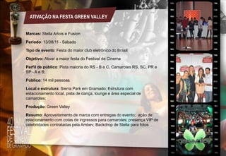 ATIVAÇÃO NA FESTA GREEN VALLEY
Marcas: Stella Artois e Fusion
Período: 13/08/11 - Sábado
Tipo de evento: Festa do maior club eletrônico do Brasil
Objetivo: Ativar a maior festa do Festival de Cinema
Perfil de público: Pista maioria do RS - B e C, Camarotes RS, SC, PR e
SP - A e B;
Público: 14 mil pessoas
Local e estrutura: Sierra Park em Gramado; Estrutura com
estacionamento local, pista de dança, lounge e área especial de
camarotes;

Produção: Green Valley
Resumo: Aproveitamento de marca com entregas do evento; ação de
relacionamento com cotas de ingressos para camarotes; presença VIP de
celebridades contratadas pela Ambev; Backdrop de Stella para fotos

 