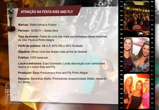 ATIVAÇÃO NA FESTA KISS AND FLY

Marcas: Stella Artois e Fusion
Período: 12/08/11 – Sexta feira
Tipo de evento: Festa de uma das mais conceituadas casas noturnas
de São Paulo e Porto Alegre
Perfil de público: AB e A; 60% RS e 40% Sudeste
Objetivo: Ativar uma das festas mais prime do festival
Público: 1200 pessoas
Local e estrutura: Expo Gramado; Linda decoração com camarotes
baixos e o lustre Kiss and Fly
Produção: Base Produtora e Kiss and Fly Porto Alegre
Resumo: Backdrop Stella; Promotoras recepcionistas Stella; mesa do
DJ Stella;

 