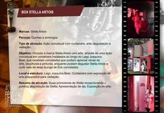 BOX STELLA ARTOIS

Marcas: Stella Artois
Período: Quintas a domingos
Tipo de ativação: Ação conceitual com containers, arte, degustação e
visitação;
Objetivo: Vincular a marca Stella Artois com arte, através de uma ação
conceitual em containers instalados ao longo do Lago Joaquina
Bear, que recebiam convidados que podiam apreciar obras de
arte, esculturas e pinturas, enquanto podiam degustar Stella Artois e
curtir sets de deep lounge de DJs convidados
Local e estrutura: Lago Joaquina Bear; Containers com exposição de
arte preparados para visitação;
Resumo da ativação: Duas promotoras de Stella recepcionando o
público; degustação de Stella; Apresentação de djs; Exposição de arte;

 