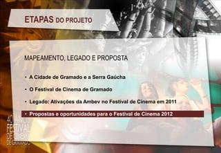 ETAPAS DO PROJETO

MAPEAMENTO, LEGADO E PROPOSTA
• A Cidade de Gramado e a Serra Gaúcha

• O Festival de Cinema de Gramado
• Legado: Ativações da Ambev no Festival de Cinema em 2011
• Propostas e oportunidades para o Festival de Cinema 2012

 
