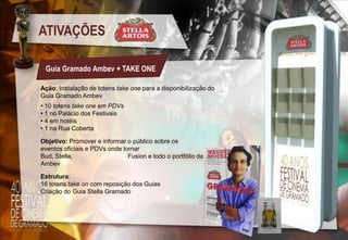 ATIVAÇÕES
Guia Gramado Ambev + TAKE ONE
Ação: Instalação de totens take one para a disponibilização do
Guia Gramado Ambev
• 10 totens take one em PDVs
• 1 no Palácio dos Festivais
• 4 em hotéis
• 1 na Rua Coberta
Objetivo: Promover e informar o público sobre os
eventos oficiais e PDVs onde tomar
Bud, Stella,
Fusion e todo o portfólio da
Ambev
Estrutura:
16 totens take on com reposição dos Guias
Criação do Guia Stella Gramado

 