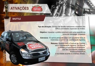 ATIVAÇÕES
SHUTTLE

Tipo de ativação: Serviço de Shuttle realizando o traslado dos
VIPs e convidados especiais da Ambev.
Objetivo: Impactar o público premium com uma experiência
única de concierge e traslado
Estrutura: 10 carros personalizados com excelente time de
motoristas e central de coordenação logística
Resumo: Durante todo o Festival de Cinema,
sob a coordenação logística da Austral,
a Ambev proporcionará novamente,
aos seu convidados, traslados
POA/Gramado/POA
e na cidade durante os eventos oficiais.

 