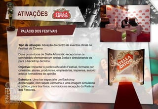 ATIVAÇÕES
PALÁCIO DOS FESTIVAIS

Tipo de ativação: Ativação do centro de eventos oficial do
Festival de Cinema
Duas promotoras de Stella Artois irão recepcionar os
convidados oferecendo um chopp Stella e direcionando-os
para o backdrop de fotos.
Objetivo: Impactar o público oficial do Festival, formado por
cineastas, atores, produtores, empresários, imprensa, autorid
ades e formadores de opinião
Estrutura: Uma bar especial e um Backdrop
diferenciado, com tapete vermelho e uma imagem simulando
o público, para tirar fotos, montados na recepção do Palácio
dos Festivais.

 