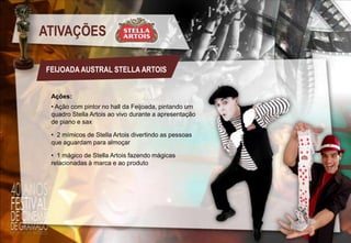 ATIVAÇÕES
FEIJOADA AUSTRAL STELLA ARTOIS
Ações:
• Ação com pintor no hall da Feijoada, pintando um
quadro Stella Artois ao vivo durante a apresentação
de piano e sax
• 2 mímicos de Stella Artois divertindo as pessoas
que aguardam para almoçar
• 1 mágico de Stella Artois fazendo mágicas
relacionadas à marca e ao produto

 