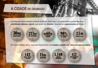 A CIDADE DE GRAMADO
Uma das principais cidades turísticas do Brasil, Gramado é conhecida pelas características da
colonização italiana e alemã, que deram um charme à arquitetura e gastronomia da cidade.

Em função destes dados, Gramado desenvolveu uma ampla e qualificada infra-estrutura receptiva:

 