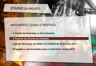 ETAPAS DO PROJETO

MAPEAMENTO, LEGADO E PROPOSTA
• A Cidade de Gramado e a Serra Gaúcha

• O Festival de Cinema de Gramado
• Legado: Ativações da Ambev no Festival de Cinema em 2011
• Propostas e oportunidades para o Festival de Cinema 2012

 