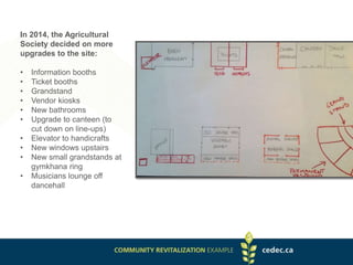 In 2014, the Agricultural
Society decided on more
upgrades to the site:
• Information booths
• Ticket booths
• Grandstand
• Vendor kiosks
• New bathrooms
• Upgrade to canteen (to
cut down on line-ups)
• Elevator to handicrafts
• New windows upstairs
• New small grandstands at
gymkhana ring
• Musicians lounge off
dancehall
 