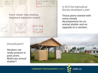 Hand -drawn map showing
fairground expansion project.
In 2010 the Agricultural
Society developed a plan.
Those plans started with
some simple
developments for an
animal shelter and an
upgrade to a canteen.
Diversification?
Vendors not
really present in
past years.
Multi-use animal
shelter?
 