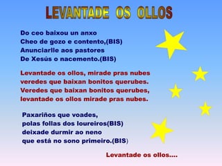 Do ceo baixou un anxo
Cheo de gozo e contento,(BIS)
Anunciarlle aos pastores
De Xesús o nacemento.(BIS)
Levantade os ollos, mirade pras nubes
veredes que baixan bonitos querubes.
Veredes que baixan bonitos querubes,
levantade os ollos mirade pras nubes.
Paxariños que voades,
polas follas dos loureiros(BIS)
deixade durmir ao neno
que está no sono primeiro.(BIS)
Levantade os ollos....
 