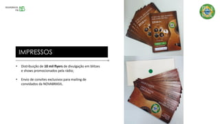 • Distribuição de 10 mil flyers de divulgação em blitzes
e shows promocionados pela rádio;
• Envio de convites exclusivos para mailing de
convidados da NOVABRASIL.
IMPRESSOS
 