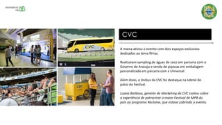 A marca ativou o evento com dois espaços exclusivos
dedicados ao tema férias.
Realizaram sampling de águas de coco em parceria com o
Governo de Aracaju e venda de pipocas em embalagem
personalizada em parceria com a Universal.
Além disso, o ônibus da CVC foi destaque na lateral do
palco do Festival.
Luana Barbosa, gerente de Marketing da CVC contou sobre
a experiência de patrocinar o maior Festival de MPB do
país ao programa Reclame, que estava cobrindo o evento.
CVC
 