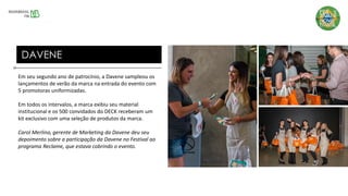 Em seu segundo ano de patrocínio, a Davene sampleou os
lançamentos de verão da marca na entrada do evento com
5 promotoras uniformizadas.
Em todos os intervalos, a marca exibiu seu material
institucional e os 500 convidados do DECK receberam um
kit exclusivo com uma seleção de produtos da marca.
Carol Merlino, gerente de Marketing da Davene deu seu
depoimento sobre a participação da Davene no Festival ao
programa Reclame, que estava cobrindo o evento.
DAVENE
 