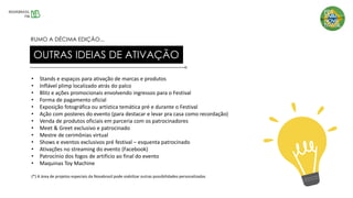 • Stands e espaços para ativação de marcas e produtos
• Inflável plimp localizado atrás do palco
• Blitz e ações promocionais envolvendo ingressos para o Festival
• Forma de pagamento oficial
• Exposição fotográfica ou artística temática pré e durante o Festival
• Ação com posteres do evento (para destacar e levar pra casa como recordação)
• Venda de produtos oficiais em parceria com os patrocinadores
• Meet & Greet exclusivo e patrocinado
• Mestre de cerimônias virtual
• Shows e eventos exclusivos pré festival – esquenta patrocinado
• Ativações no streaming do evento (Facebook)
• Patrocínio dos fogos de artificio ao final do evento
• Maquinas Toy Machine
(*) A área de projetos especiais da Novabrasil pode viabilizar outras possibilidades personalizadas
OUTRAS IDEIAS DE ATIVAÇÃO
RUMO A DÉCIMA EDIÇÃO...
 