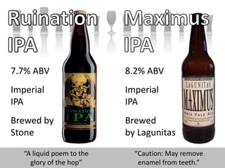 Ruination IPARuination IPAMaximus IPA	7.7% ABV	ImperialIPA	BrewedbyStone8.2% ABVImperialIPABrewedby Lagunitas“A liquid poem to theglory of the hop”“Caution: May removeenamel from teeth.”