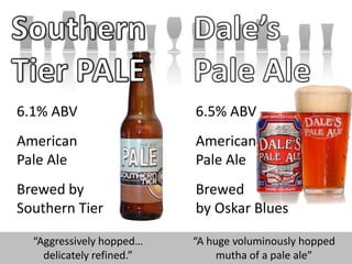 Southern Tier PALEDale’s Pale AleSouthern Tier PALE	6.1% ABV	AmericanPale Ale	BrewedbySouthern Tier6.5% ABVAmericanPale AleBrewedbyOskar Blues“Aggressively hopped…delicately refined.”“A huge voluminously hoppedmuthaof a pale ale”