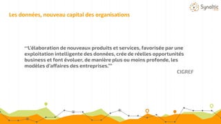 Les données, nouveau capital des organisations
“”L’élaboration de nouveaux produits et services, favorisée par une
exploitation intelligente des données, crée de réelles opportunités
business et font évoluer, de manière plus ou moins profonde, les
modèles d’affaires des entreprises.””
CIGREF
 