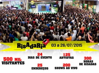 03 a 26/07/2015 
24 125 
500 MIL ARTISTAS 300 
VISITANTES 
DIAS DE EVENTO 
ENDEREÇOS 
HORAS 
DE RISADAS 
200 
SHOWS AO VIVO 
25 
 