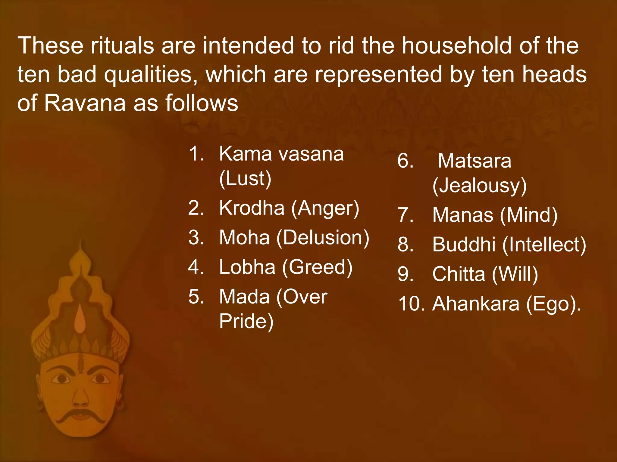 These rituals are intended to rid the household of the
ten bad qualities, which are represented by ten heads
of Ravana as follows

                1. Kama vasana       6.     Matsara
                   (Lust)                  (Jealousy)
                2. Krodha (Anger)    7.    Manas (Mind)
                3. Moha (Delusion)   8.    Buddhi (Intellect)
                4. Lobha (Greed)     9.    Chitta (Will)
                5. Mada (Over        10.   Ahankara (Ego).
                   Pride)
 