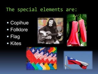 The special elements are:
Copihue
Folklore
Flag
Kites