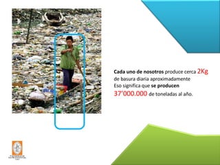 Cada uno de nosotros  produce cerca  2Kg  de basura diaria aproximadamente Eso significa que  se producen  37’000.000  de toneladas al año. 