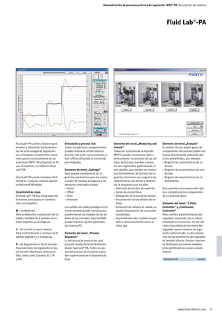 Automatización de procesos y técnica de regulación MPS® PA Descripción del sistema




                                                                                                                             Fluid Lab®-PA




Fluid Lab®-PA puede utilizarse para     Simulación o proceso real                Elemento del menú „Measuring and         Elemento de menú „Analysis“
enseñar y demostrar los fundamen-       Todos los ejercicios y experimentos      Control“                                 El análisis de una amplia gama de
tos de la tecnología de regulación.     pueden realizarse online sobre el        Todas las funciones de la estación       componentes del proceso puede rea-
Los principales componentes reque-      proceso real junto con la estación, o    MPS®A pueden controlarse clara y         lizarse directamente utilizando ejer-
ridos para el accionamiento de las      bien offline utilizando la simulación    directamente. Los estados de las vál-    cicios predefinidos, por ejemplo:
estaciones MPS® PA utilizando un PC     pre-integrada.                           vulas de proceso, bombas y senso-        – Registro de características de un
son el EasyPort y el software Fluid                                              res son registrados gráficamente, lo        sensor
Lab®-PA.                                Elemento de menú „Settings“              que significa que pueden ser evalua-     – Registro de características de una
                                        Aquí pueden establecerse los si-         dos directamente. Se facilitan las si-      bomba
Fluid Lab®-PA puede instalarse fácil-   guientes parámetros para los cuatro      guientes funciones para registrar las    – Registro de características de ca-
mente en cualquier sistema operati-     canales de entrada analógicos y los      características del sensor y determi-       lentamiento
vo Microsoft Windows.                   sensores conectados a ellos:             nar la respuesta a un escalón:
                                        – Factor                                 – Selección de canales de medición       Esto permite una comprensión rápi-
Características clave                   – Offset                                 – Factor de escala física                da y completa de los componentes
En Fluid Lab®-PA hay integradas tres    – Filter                                 – Adaptación de la escala de tiempo      de un proceso típico.
funciones principales en combina-       – Inversion                              – Visualización de las señales de en-
ción con EasyPort:                                                                 trada                                  Elemento del menú “2-Point
                                        Las señales de salida analógicas y bi-   – Activación de señales de salida, co-   Controller“ y „Continuous
M – de Medición                         narias también puede conmutarse y          nexión/desconexión de la variable      Controller“
Para la detección y evaluación de va-   pueden leerse los estados de las se-       manipulada                             Para una fácil parametrización del
riables medidas de 8 señales de en-     ñales de las entradas. Aquí también      – Impresión del valor medido visuali-    regulador requerido con un efecto
trada digitales y 4 analógicas.         pueden hacerse ajustes generales           zado o almacenamiento como ar-         inmediato en el proceso. Un clic del
                                        del sistema PC.                            chivo .jpg                             ratón inicia diversas funciones del
C – de Control en bucle abierto                                                                                           regulador para el sistema de regu-
Para control binario o continuo de 8    Elemento del menú „Process                                                        lación seleccionado. La documenta-
salidas digitales y 2 analógicas.       Sequence“                                                                         ción de los parámetros del regulador
                                        La secuencia de proceso de cada                                                   es también directa. Pueden imprimir-
R – de Regulación en bucle cerrado      estación puede iniciarse fácilmente                                               se fácilmente los valores medidos
Para funciones de regulación en bu-     desde Fluid Lab®-PA. Todos los pa-                                                y los perfiles de las curvas caracte-
cle cerrado libremente selecciona-      sos del proceso se visualizan y pue-                                              rísticas.
bles, tales como 2 puntos, P, I, PI     den supervisarse en el diagrama de
y PID.                                  flujo.                                                                            	 DE/EN/ES/FR		 544304	




                                                                                                                                       www.festo-didactic.com     15
 