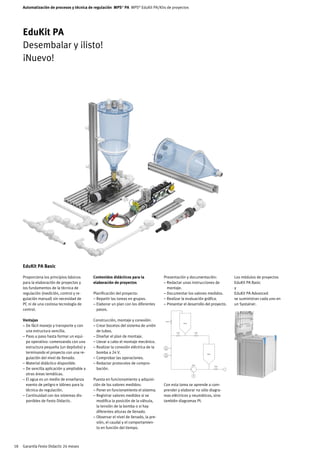 Automatización de procesos y técnica de regulación MPS® PA MPS® EduKit PA/Kits de proyectos




     EduKit PA
     Desembalar y ¡listo!
     ¡Nuevo!




     EduKit PA Basic

     Proporciona los principios básicos       Contenidos didácticos para la             Presentación y documentación:                   Los módulos de proyectos
     para la elaboración de proyectos y       elaboración de proyectos                  – Redactar unas instrucciones de                EduKit PA Basic
     los fundamentos de la técnica de                                                     montaje.                                      y
     regulación (medición, control y re-      Planificación del proyecto:               – Documentar los valores medidos.               EduKit PA Advanced
     gulación manual) sin necesidad de        – Repartir las tareas en grupos.          – Realizar la evaluación gráfica.               se suministran cada uno en
     PC ni de una costosa tecnología de       – Elaborar un plan con los diferentes     – Presentar el desarrollo del proyecto.         un Systainer.
     control.                                   pasos.

     Ventajas                                 Construcción, montaje y conexión:          V101
                                                                                                       B102
     – De fácil manejo y transporte y con     – Crear bocetos del sistema de unión
       una estructura sencilla.                 de tubos.                                       V103               V102

     – Paso a paso hasta formar un equi-      – Diseñar el plan de montaje.
       po operativo: comenzando con una       – Llevar a cabo el montaje mecánico.
       estructura pequeña (un depósito) y     – Realizar la conexión eléctrica de la     FI
                                                                                        101

       terminando el proyecto con una re-       bomba a 24 V.                            PI                               B101

       gulación del nivel de llenado.         – Comprobar las operaciones.
                                                                                        103




     – Material didáctico disponible.         – Redactar protocolos de compro-                                P101
                                                                                                                                 V105
     – De sencilla aplicación y ampliable a     bación.
       otras áreas temáticas.                                                                                  M

     – El agua es un medio de enseñanza       Puesta en funcionamiento y adquisi-
       exento de peligro e idóneo para la     ción de los valores medidos:              Con esta tarea se aprende a com-
       técnica de regulación.                 – Poner en funcionamiento el sistema.     prender y elaborar no sólo diagra-
     – Continuidad con los sistemas dis-      – Registrar valores medidos si se         mas eléctricos y neumáticos, sino
       ponibles de Festo Didactic.              modifica la posición de la válvula,     también diagramas PI.
                                                la tensión de la bomba o si hay
                                                diferentes alturas de llenado.
                                              – Observar el nivel de llenado, la pre-
                                                sión, el caudal y el comportamien-
                                                to en función del tiempo.



18   Garantía Festo Didactic 24 meses
 