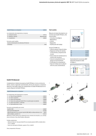 Automatización de procesos y técnica de regulación MPS® PA MPS® EduKit PA/Kits de proyectos




	 EduKit PA Basic en un Systainer		 549822	                                                      Pedir también:

Los componentes más importantes en conjunto:                                                     Manual con tareas de proyecto y so-                      Arbeitsbuch
                                                                                                                                                          EduKit PA




                                                                                                 luciones para EduKit PA Basic y Ad-
                                                                                                                                                          Projektbaukasten



	 1x	 Unidad de bomba		 170712	
                                                                                                                                                          Prozessautomation

                                                                                                                                                          Mit CD-ROM




	 2x	 Depósito, redondo	                                                      Bajo demanda	      vanced sobre:
	 1x	 Caudalímetro		 548604	                                                                     – Consultas tecnológicas
                                                                                                 – Matemáticas
Accesorios, pedir también:                                                                       – Control
	 Fuente de alimentación de sobremesa ➔ Internet			                                              – Regulación
	 Cortatubos 		                                                                         7658	    – Planificación del trabajo
                                                                                                                                                          Festo Didactic



                                                                                                 Incluye CD-ROM con:
                                                                                                                                                          563969 DE




                                                                                                 – Listas de piezas y hojas de datos
                                                                                                 – Diagramas de flujo de tuberías      	 DE		 563969	
                                                                                                   e instrumentos y esquemas del       	 EN		 563971	
                                                                                                   circuito                            	 ES		 563973	
                                                                                                 – Instrucciones de montaje para la    	 FR		 563975	
                                                                                                   construcción mecánica
                                                                                                 – Listas de comprobación de la        Automatización de procesos WBT
                                                                                                   puesta en funcionamiento            (formación basada en web)
                                                                                                 – Certificados de comprobación        ➔ Página 5
                                                                                                 – Hojas de trabajo para la adquisi-
                                                                                                   ción de curvas características




EduKit PA Advanced

Complementa el módulo de proyectos EduKit PA Basic en torno al tema me-                          1                           2                     3
dición, control y regulación automatizados, técnica de sensores y conexiones
eléctricas. Para poder utilizar los componentes en EduKit PA Advanced es ne-
cesario disponer de EduKit PA Basic.

	 EduKit PA Advanced en un Systainer		 564631	


Los componentes más importantes en conjunto:                                                     4                           5                     6
	 1	 1x	 Placa E/S para EduKit PA 		 549823	
	 2	 2x	 Sensor capacitivo 		 549824	
	3	 1x	 Sensor de ultrasonidos 		 548689	
	 4	 1x	 Sensor de caudal para EduKit PA incl. transformador de medición		 549825	
	 5	 1x	 Sensor de presión 0 – 400 mbar		 549826	
	 6	 1x	 Electroválvula de 2/2 vías		 549827	


Accesorios recomendados para control
	 EasyPort USB		 548687	
	 Fluid Lab-PA DE/EN/ES/FR		 544304	
	 Cable de datos de E/S con conector SysLink (IEEE 488) en ambos extremos 2,5 m		34031	
	 Cable analógico, paralelo 2 m		 529141	
Mediante la interfaz abierta hay a disposición otras variantes de activación, p. ej. controla-
dores de Siemens, Festo, Allen Bradley y Mitsubishi.


Posibles ampliaciones:
– Válvula de bola de 2 vías para EduKit PA con actuador giratorio DAPS, de doble efecto
  (nº art. 549828)
– Sensor de interruptor de flotador, superior (nº art. 548597)


Otros componentes ➔ Internet




                                                                                                                                                  www.festo-didactic.com      19
 