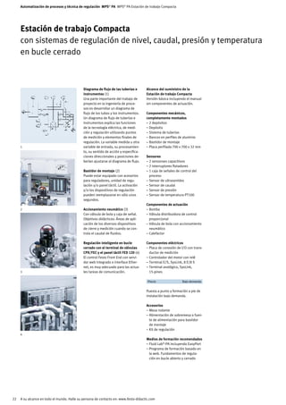 Automatización de procesos y técnica de regulación MPS® PA MPS® PA Estación de trabajo Compacta




     Estación de trabajo Compacta
     con sistemas de regulación de nivel, caudal, presión y temperatura
     en bucle cerrado



                                             Diagrama de flujo de las tuberias e      Alcance del suministro de la
                                             instrumentos (1)                         Estación de trabajo Compacta
                                             Una parte importante del trabajo de      Versión básica incluyendo el manual
                                             proyecto en la ingeniería de proce-      sin componentes de actuación.
                                             sos es desarrollar un diagrama de
                                             flujo de los tubos y los instrumentos.   Componentes mecánicos,
                                             Un diagrama de flujo de tuberías e       completamente montados
                                             instrumentos explica las funciones       – 2 depósitos
                                             de la tecnología eléctrica, de medi-     – Depósito
                                             ción y regulación utilizando puntos      – Sistema de tuberías
                                             de medición y elementos finales de       – Bancos en perfiles de aluminio
                                             regulación. La variable medida u otra    – Bastidor de montaje
     1                                       variable de entrada, su procesamien-     – Placa perfilada 700 x 700 x 32 mm  
                                             to, su sentido de acción y especifica-
                                             ciones direccionales y posiciones de-    Sensores
                                             berían ajustarse al diagrama de flujo.   – 2 sensorses capacitivos
                                                                                      – 2 interruptores flotadores
                                             Bastidor de montaje (2)                  – 1 caja de señales de control del
                                             Puede estar equipado con acesorios         proceso
                                             para reguladores, unidad de regu-        – Sensor de ultrasonidos
                                             lación y/o panel táctil. La activación   – Sensor de caudal
                                             y/o los dispositivos de regulación       – Sensor de presión
                                             pueden reemplazarse en sólo unos         – Sensor de temperatura PT100
                                             segundos.
                                                                                      Componentes de actuación
     2                                       Accionamiento neumático (3)              – Bomba
                                             Con válvula de bola y caja de señal.     – Válvula distribuidora de control
                                             Objetivos didácticos: Áreas de apli-       proporcional
                                             cación de los diversos dispositivos      – Válvula de bola con accionamiento
                                             de cierre y medición cuando se con-        neumático
                                             trola el caudal de fluidos.              – Calefactor

                                             Regulación inteligente en bucle          Componentes eléctricos
                                             cerrado con el terminal de válvulas      – Placa de conexión de I/O con trans-
                                             CPX/FEC y el panel táctil FED 120 (4)      ductor de medición
                                             El control Festo Front End con servi-    – Controlador del motor con relé
                                             dor web integrado e interface Ether-     – Terminal E/S, SysLink, 8 E/8 S
                                             net, es muy adecuado para las actua-     – Terminal analógico, SysLink,
     3                                       les tareas de comunicación.                15-pines

                                                                                      	 Precio	               Bajo demanda	


                                                                                      Puesta a punto y formación a pie de
                                                                                      instalación bajo demanda.  

                                                                                      Accesorios
                                                                                      – Mesa rodante
                                                                                      – Alimentación de sobremesa o fuen-
                                                                                        te de alimentación para bastidor
                                                                                        de montaje
                                                                                      – Kit de regulación
     4
                                                                                      Medios de formación recomendados
                                                                                      – Fluid Lab®-PA incluyendo EasyPort
                                                                                      – Programa de formación basado en
                                                                                        la web. Fundamentos de regula-
                                                                                        ción en bucle abierto y cerrado




22   A su alcance en todo el mundo. Halle su persona de contacto en: www.festo-didactic.com
 
