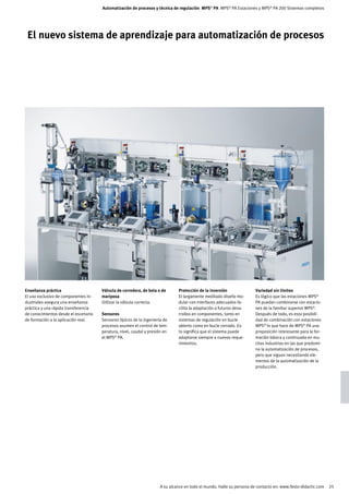 Automatización de procesos y técnica de regulación MPS® PA MPS® PA Estaciones y MPS® PA 200 Sistemas completos




 El nuevo sistema de aprendizaje para automatización de procesos




Enseñanza práctica                    Válvula de corredera, de bola o de      Protección de la inversión               Variedad sin límites
El uso exclusivo de componentes in-   mariposa                                El largamente meditado diseño mo-        Es lógico que las estaciones MPS®
dustriales asegura una enseñanza      Utilizar la válvula correcta.           dular con interfaces adecuados fa-       PA puedan combinarse con estacio-
práctica y una rápida transferencia                                           cilita la adaptación a futuros desa-     nes de la familiar superior MPS®.
de conocimientos desde el escenario   Sensores                                rrollos en componentes, tanto en         Después de todo, es esta posibili-
de formación a la aplicación real.    Sensores típicos de la ingeniería de    sistemas de regulación en bucle          dad de combinación con estaciones
                                      procesos asumen el control de tem-      abierto como en bucle cerrado. Es-       MPS® lo que hace de MPS® PA una
                                      peratura, nivel, caudal y presión en    to significa que el sistema puede        proposición interesante para la for-
                                      el MPS® PA.                             adaptarse siempre a nuevos reque-        mación básica y continuada en mu-
                                                                              rimientos.                               chas industrias en las que predomi-
                                                                                                                       na la automatización de procesos,
                                                                                                                       pero que siguen necesitando ele-
                                                                                                                       mentos de la automatización de la
                                                                                                                       producción.




                                                                     A su alcance en todo el mundo. Halle su persona de contacto en: www.festo-didactic.com   25
 