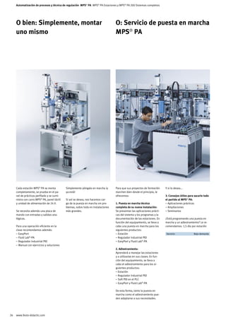 Automatización de procesos y técnica de regulación MPS® PA MPS® PA Estaciones y MPS® PA 200 Sistemas completos




     O bien: Simplemente, montar                                                    O: Servicio de puesta en marcha
     uno mismo                                                                      MPS® PA




     Cada estación MPS® PA se monta           Simplemente póngalo en marcha ¡y      Para que sus proyectos de formación      Y si lo desea...
     completamente, se prueba en el pa-       ya está!                              marchen bien desde el principio, le
     nel de prácticas perfilado y se sumi-                                          ofrecemos:                               3. Consejos útiles para sacarle todo
     nistra con carro MPS® PA, panel táctil   Si así se desea, nos hacemos car-                                              el partido al MPS® PA:
     y unidad de alimentación de 24 V.        go de la puesta en marcha sin pro-    1. Puesta en marcha técnica              – Aplicaciones prácticas
                                              blemas, sobre todo en instalaciones   completa de su nueva instalación:        – Ampliaciones
     Se necesita además una placa de          más grandes.                          Se presentan las aplicaciones prácti-    – Seminarios
     mando con entradas y salidas ana-                                              cas del sistema y los programas y la
     lógicas.                                                                       documentación de las estaciones. En      ¿Está programando una puesta en
                                                                                    función del equipamiento, se lleva a     marcha y un adiestramiento? Le re-
     Para una operación eficiente en la                                             cabo una puesta en marcha para los       comendamos: 1,5 día por estación
     clase recomendamos además:                                                     siguientes productos:
     – EasyPort                                                                     – Estación                               	 Servicio	            Bajo demanda	
     – Fluid Lab®-PA                                                                – Regulador industrial PID
     – Regulador industrial PID                                                     – EasyPort y Fluid Lab®-PA
     – Manual con ejercicios y soluciones
                                                                                    2. Adiestramiento:
                                                                                    Aprenderá a manejar las estaciones
                                                                                    y a utilizarlas en sus clases. En fun-
                                                                                    ción del equipamiento, se lleva a
                                                                                    cabo el adiestramiento para los si-
                                                                                    guientes productos:
                                                                                    – Estación
                                                                                    – Regulador industrial PID
                                                                                    – Soft PID en el PLC
                                                                                    – EasyPort y Fluid Lab®-PA

                                                                                    De esta forma, tanto la puesta en
                                                                                    marcha como el adiestramiento pue-
                                                                                    den adaptarse a sus necesidades.




26   www.festo-didactic.com
 
