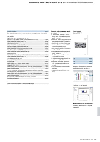 Automatización de procesos y técnica de regulación MPS® PA MPS® PA Estaciones y MPS® PA 200 Sistemas completos




	 Estación de reactor		 544255	                                                           Objetivos didácticos para el trabajo    Pedir también:
(Con mesa rodante, panel táctil en color, bastidor de montaje y fuente de alimentación)   de proyecto                             Manual MPS® PA
                                                                                          – Construcción, cableado y puesta a
Pedir también:                                                                              punto de un sistema para tecnolo-
Regulación en bucle abierto y cerrado con PLC:                                              gía de procesos
	 Placa de PLC con SIMATIC S7-300 – El estándar industrial S7-313-C		 533526	             – Selección, aplicación y conexión de                       MPS® PA
                                                                                                                                                      Arbeitsbuch




	 Juego de cables de conexión SIMATIC S7 		 544296	                                         diversos sensores de temperatura
	 Placa PLC con CPX-FEC		 541187	                                                         – Medición de variables eléctricas y
	 Juego de cables de conexión Festo CPX 		 544297	                                          relacionadas con el proceso, tales
	 Placa PLC con Allen Bradley Micro Logix 1500 		 544300	                                   como nivel y temperatura
	 Juego de cables de conexión Allen Bradley Micro Logix 		 544298	                        – Uso y conexionado de transaducto-
	 Placa PLC con Mitsubishi MELSEC 		 544301	                                                res de medición
	 Juego de cables de conexión Mitsubishi MELSEC 		 544299	                                – Diseño y puesta a punto de circui-
O alternativamente:                                                                         tos de regulación
                                                                                          – Análisis de procesos de control y
                                                                                                                                                      548590 DE


	 SIMATIC S7 EduTrainer Compact CPU 313C-D/A (16DE/16DA/4AE/2AA)		 533018	
	 Juego de cables de conexión SIMATIC S7 		 544296	                                         circuitos de regulación
Para trabajar con Fluid Lab®-PA:                                                          – Parametrización y optimización de     	 DE		 548590	
	 Fluid Lab-PA DE/EN/ES/FR		 544304	                                                        reguladores P, PI y PID               	 EN		 548591	
	 EasyPort USB		 548687	                                                                  – Diseño de programas de regula-        	 ES		 548592	
	 Cable de datos RS232 para PC Clavija – Zócalo		 162305	                                   ción en bucle abierto y en bucle      	 FR		 548593	
	 Adaptador USB – RS232 		 540699	                                                          cerrado
	 Cable de datos de E/S con conector SysLink (IEEE 488) en ambos extremos 		34031	        – Funcionamiento y supervisión de       Programa de aprendizaje, Automati-
	 Cable analógico, paralelo 		 529141	                                                      procesos                              zación de procesos ➔ Página 5
Para una fácil puesta a punto, simulación y visualización utilizando la SimuBox:          – Inspección, mantenimiento y ser-
	 Caja de simulación, digital/analógica 		 526863	                                          vicio
	 Cable de datos de E/S con conector SysLink (IEEE 488) en ambos extremos 		34031	
	 Cable analógico, paralelo 		 529141	
Para regulación profesional utilizando reguladores industriales:
	 Regulador industrial PID 		 544293	


Accesorios recomendados
	 Cable de potencia para fuente de alimentación ➔ Internet			
                                                                                                                                  Fluid Lab®-PA ➔ Página 8




                                                                                                                                  Medios de formación recomendados
                                                                                                                                  Programa de aprendizaje, Control y
                                                                                                                                  regulación




                                                                                                                                              www.festo-didactic.com   33
 