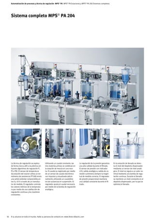 Automatización de procesos y técnica de regulación MPS® PA MPS® PA Estaciones y MPS® PA 200 Sistemas completos




     Sistema completo MPS® PA 204




     La técnica de regulación se explica        Utilizando un caudal constante, las     La regulación de la presión garantiza   En la estación de llenado se detec-
     de forma clara y afín a la práctica uti-   tres materias primas se combinan en     una alta calidad durante el filtrado.   ta el nivel del depósito dispensador
     lizando algoritmos de regulación P,        la estación de mezcla en una rece-      El sensor de presión con indicador      mediante un sensor de nivel analó-
     PI o PID. El sensor de temperatura         ta. El caudal es registrado por medio   LCD, salida analógica y salida de co-   gico. El nivel se regula a un valor no-
     (la estación del reactor utiliza un ter-   de un sensor de caudal electrónico      nexión suministra siempre la magni-     minal mediante una bomba de regu-
     mómetro de resistencia PT100) envía        con impulsor y visualizado adicio-      tud de medida correcta. El regulador    lación continua. Durante el llenado
     una señal estándar comprendida en-         nalmente utilizando un caudalíme-       de presión proporcional mantiene        se mantiene un nivel constante en el
     tre 0 y 10 V a través de un transduc-      tro de sustancias en suspensión. El     una calidad constante durante el fil-   depósito dispensador, por lo que se
     tor de medida. El regulador controla       regulador ajusta el caudal necesario    trado.                                  optimiza el llenado.
     los valores teóricos de la temperatu-      por medio de la bomba de regulación
     ra por medio de una calefacción de         analógica.
     regulación continua y los mantiene
     constantes.




36   A su alcance en todo el mundo. Halle su persona de contacto en: www.festo-didactic.com
 