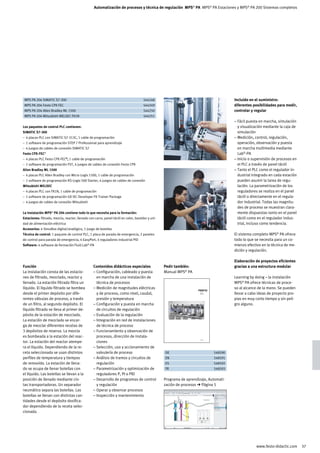 Automatización de procesos y técnica de regulación MPS® PA MPS® PA Estaciones y MPS® PA 200 Sistemas completos




	 MPS PA 204 SIMATIC S7-300		 544248	                                                                                                   Incluido en el suministro:
	 MPS PA 204 Festo CPX-FEC		 544249	                                                                                                    diferentes posibilidades para medir,
	 MPS PA 204 Allen Bradley ML 1500		 544250	                                                                                            controlar y regular
	 MPS PA 204 Mitsubishi MELSEC FX1N		 544251	
                                                                                                                                        – Fácil puesta en marcha, simulación
Los paquetes de control PLC contienen:                                                                                                    y visualización mediante la caja de
SIMATIC S7-300                                                                                                                            simulación
– 4 placas PLC con SIMATIC S7-313C, 1 cable de programación                                                                             – Medición, control, regulación,
– 1 software de programación STEP 7 Professional para aprendizaje                                                                         operación, observación y puesta
– 4 juegos de cables de conexión SIMATIC S7                                                                                               en marcha multimedia mediante
Festo CPX-FEC®                                                                                                                            Lab®-PA
– 4 placas PLC Festo CPX-FEC®, 1 cable de programación                                                                                  – Inicio o supervisión de procesos en
– 1 software de programación FST, 4 juegos de cables de conexión Festo CPX                                                                el PLC a través de panel táctil
Allen Bradley ML 1500                                                                                                                   – Tanto el PLC como el regulador in-
– 4 placas PLC Allen Bradley con Micro Logix 1500, 1 cable de programación                                                                dustrial integrado en cada estación
– 1 software de programación RS-Logix 500 Starter, 4 juegos de cables de conexión                                                         pueden asumir la tarea de regu-
Mitsubishi MELSEC                                                                                                                         lación. La parametrización de los
– 4 placas PLC con FX1N, 1 cable de programación                                                                                          reguladores se realiza en el panel
– 1 software de programación GX IEC Developer FX Trainer Package                                                                          táctil o directamente en el regula-
– 4 juegos de cables de conexión Mitsubishi                                                                                               dor industrial. Todas las magnitu-
                                                                                                                                          des de proceso se muestran clara-
La instalación MPS® PA 204 contiene todo lo que necesita para la formación:                                                               mente dispuestas tanto en el panel
Estaciones: filtrado, mezcla, reactor, llenado con carro, panel táctil en color, bastidor y uni-                                          táctil como en el regulador indus-
dad de alimentación eléctrica                                                                                                             trial, incluso como tendencia.
Accesorios: 4 SimuBox digital/analógico, 1 juego de botellas
Técnica de control: 1 paquete de control PLC, 1 placa de parada de emergencia, 2 paneles                                                El sistema completo MPS® PA ofrece
de control para parada de emergencia, 4 EasyPort, 4 reguladores industrial PID                                                          todo lo que se necesita para un co-
Software: 4 software de formación Fluid Lab®-PA                                                                                         mienzo efectivo en la técnica de me-
                                                                                                                                        dición y regulación.

                                                                                                                                        Elaboración de proyectos eficientes
Función                                           Contenidos didácticos especiales                 Pedir también:                       gracias a una estructura modular
La instalación consta de las estacio-             – Configuración, cableado y puesta               Manual MPS® PA
nes de filtrado, mezclado, reactor y                en marcha de una instalación de                                                     Learning by doing – la instalación
llenado. La estación filtrado filtra un             técnica de procesos                                                                 MPS® PA ofrece técnicas de proce-
líquido. El líquido filtrado se bombea            – Medición de magnitudes eléctricas                                                   so al alcance de la mano. Se pueden
desde el primer depósito por dife-                  y de proceso, como nivel, caudal,                                  MPS® PA
                                                                                                                       Arbeitsbuch      llevar a cabo ideas de proyecto pro-
rentes válvulas de proceso, a través                presión y temperatura                                                               pias en muy corto tiempo y sin peli-
de un filtro, al segundo depósito. El             – Configuración y puesta en marcha                                                    gro alguno.
líquido filtrado se lleva al primer de-             de circuitos de regulación
pósito de la estación de mezclado.                – Evaluación de la regulación
La estación de mezclado se encar-                 – Integración en red de instalaciones
ga de mezclar diferentes recetas de                 de técnica de proceso
3 depósitos de reserva. La mezcla                 – Funcionamiento y observación de
es bombeada a la estación del reac-                 procesos, dirección de instala-
tor. La estación del reactor atempe-                ciones
                                                                                                                       548590 DE




ra el líquido. Dependiendo de la re-              – Selección, uso y accionamiento de
ceta seleccionada se usan distintos                 valvulería de proceso                          	 DE		 548590	
perfiles de temperatura y tiempos                 – Análisis de tramos y circuitos de              	 EN		 548591	
de removido. La estación de llena-                  regulación                                     	 ES		 548592	
do se ocupa de llenar botellas con                – Parametrización y optimización de              	 FR		 548593	
el líquido. Las botellas se llevan a la             reguladores P, PI o PID
posición de llenado mediante cin-                 – Desarrollo de programas de control             Programa de aprendizaje, Automati-
tas transportadoras. Un separador                   y regulación                                   zación de procesos ➔ Página 5
neumático separa las botellas. Las                – Operar y observar procesos
botellas se llenan con distintas can-             – Inspección y mantenimiento
tidades desde el depósito dosifica-
dor dependiendo de la receta selec-
cionada.




                                                                                                                                                     www.festo-didactic.com     37
 