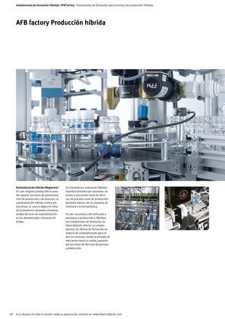 Instalaciones de formación híbridas AFB factory Instalaciones de formación para procesos de producción híbridos




     AFB factory Producción híbrida




     Automatización híbrida Megatrend        Se entiende por industrias híbridas
     En casi ninguna producción es posi-     aquellos sectores que necesitan sis-
     ble separar las áreas de automatiza-    temas y soluciones tanto de técni-
     ción de producción y de proceso. La     cas de proceso como de producción.
     automatización híbrida unifica am-      Ejemplos típicos son la industria ali-
     bas áreas, lo cual es lógico en vista   mentaria y la farmacéutica.
     de la tendencia existente a fusionar
     ambas técnicas de automatización        Ya sea una producción enfocada a
     en las denominadas industrias hí-       procesos, a producción o híbridas:
     bridas.                                 las instalaciones de formación de
                                             Festo Didactic ofrecen un amplio
                                             abanico de ofertas de formación en
                                             materia de automatización para to-
                                             dos los sectores: desde la entrada de
                                             mercancía hasta su salida, pasando
                                             por las áreas de técnicas de proceso
                                             y producción.




40   A su alcance en todo el mundo. Halle su persona de contacto en: www.festo-didactic.com
 