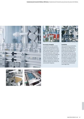 Instalaciones de formación híbridas AFB factory Instalaciones de formación para procesos de producción híbridos




                                   Una mezcla conseguida                   Flexibilidad
                                   La mecatrónica no sólo ha tenido        Hacer los procesos más flexibles,
                                   entrada en la automatización de la      sistematizar la calidad del pro-
                                   producción. Para garantizar la segu-    ducto, reaccionar rápidamente a
                                   ridad y optimización de los procesos    tendencias del mercado: hoy en
                                   de producción, también en el campo      día la industria de bebidas tie-
                                   de la automatización, existen solu-     ne que hacer muchas cosas más
                                   ciones de accionamiento inteligentes    que calmar la sed. Por una parte,
                                   que, además de componentes me-          debe mantener una amplia gama
                                   cánicos muy precisos, distintos ti-     de productos a la par de estimu-
                                   pos de accionamientos, sistemas de      lar nuevas necesidades con nue-
                                   registro y evaluación de valores de     vos productos, mientras que, por
                                   medición, disponen de interfaces de     otra, debe ser más transparente
                                   comunicación integradas.                en los procesos de fabricación
                                                                           como exige la ley.




                                                                                        www.festo-didactic.com    41
 