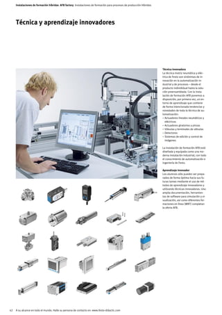 Instalaciones de formación híbridas AFB factory Instalaciones de formación para procesos de producción híbridos




     Técnica y aprendizaje innovadores




                                                                                                                       Técnica innovadora
                                                                                                                       La técnica motriz neumática y eléc-
                                                                                                                       trica de Festo son sinónimas de in-
                                                                                                                       novación en la automatización in-
                                                                                                                       dustrial y de procesos – desde el
                                                                                                                       producto individidual hasta la solu-
                                                                                                                       ción preensamblada. Con la insta-
                                                                                                                       lación de formación AFB ponemos a
                                                                                                                       disposición, por primera vez, un en-
                                                                                                                       torno de aprendizaje que contiene
                                                                                                                       de forma intencionada tendencias y
                                                                                                                       novedades de toda la técnica de au-
                                                                                                                       tomatización:
                                                                                                                       – Actuadores lineales neumáticos y
                                                                                                                         eléctricos
                                                                                                                       – Actuadores giratorios y pinzas
                                                                                                                       – Válvulas y terminales de válvulas
                                                                                                                       – Detectores
                                                                                                                       – Sistemas de edición y control de
                                                                                                                         imágenes

                                                                                                                       La instalación de formación AFB está
                                                                                                                       diseñada y equipada como una mo-
                                                                                                                       derna instalación industrial, con todo
                                                                                                                       el conocimiento de automatización e
                                                                                                                       ingeniería de Festo.

                                                                                                                       Aprendizaje innovador
                                                                                                                       Los alumnos sólo pueden ser prepa-
                                                                                                                       rados de forma óptima hacia sus fu-
                                                                                                                       turas tareas mediante el uso de mé-
                                                                                                                       todos de aprendizaje innovadores y
                                                                                                                       utilizando técnicas innovadoras. Una
                                                                                                                       amplia documentación, herramien-
                                                                                                                       tas de software para simulación y vi-
                                                                                                                       sualización, así como diferentes for-
                                                                                                                       maciones en línea (WBT) completan
                                                                                                                       la oferta AFB.




42   A su alcance en todo el mundo. Halle su persona de contacto en: www.festo-didactic.com
 