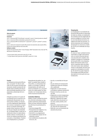 Instalaciones de formación híbridas AFB factory Instalaciones de formación para procesos de producción híbridos




	 AFB-FMRQ-BP-DSPB	                                                       Bajo demanda	                                              Visualización
                                                                                                                                     La visualización en la instalación de
Oferta de paquete                                                                                                                    formación AFB permite la supervisión
Compuesto de:                                                                                                                        de todas las señales, la visualización
Estaciones                                                                                                                           de la tendencia de las magnitudes de
Zona 1: estaciones MPS® PA de filtrado*, mezclado*, reactor*, llenado (prueba de calidad)*                                           proceso analógicas, el acceso remo-
Zona 2: estaciones AFB de embotellado y preparación de envíos                                                                        to a las más diversas funciones y la
Zona 3: estaciones MPS® de distribución**, separación**, proceso**, pulmón** y manipu-                                               vigilancia de todos los procesos. To-
lación**                                                                                                                             das las estaciones de la instalación
Zona 4: sistema de transporte de palets AFB, almacén de estanterías altas estación AFB y                                             de formación se comunican a través
estación de entrada/salida de mercancías AFB.                                                                                        de TCP-IP con el ordenador de visua-
Software y medios                                                                                                                    lización.
Paquete de programación STEP 7 Trainer Package, CIROS® Automation Suite, Fluid Lab®-PA,
Mechatronics Assistant, WinCC.                                                                                                       Opción RFID
                                                                                                                                     En cada vez mayor cantidad de áreas
* incluye soporte móvil, panel táctil y placa PLC S7-300.                                                                            industriales se exige la documenta-
** incluye soporte móvil, panel de control MPS® y placa PLC S7-300.                                                                  ción y el control minucioso del pro-
                                                                                                                                     ceso de producción completo. Esto
                                                                                                                                     también es posible en la instalación
                                                                                                                                     de formación AFB: en las etiquetas,
                                                                                                                                     fijadas directamente sobre el pro-
                                                                                                                                     ducto, se guardan datos de produc-
                                                                                                                                     ción como receta o lote, individual-
                                                                                                                                     mente en cada botella, de forma que
                                                                                                                                     puedan ser controlados en la entre-
                                                                                                                                     ga. De esta forma puede integrarse
                                                                                                                                     la tecnología punta RFID de forma
                                                                                                                                     descriptiva en la formación de la au-
                                                                                                                                     tomatización.



Función                                          Dependiendo del pedido, los „six-           – Uso de un convertidor de frecuen-
La instalación de formación AFB pro-             packs“ se pueden llevar, desde la             cia
duce „six-packs“. En ella se cubre               cinta sinfín, a un almacenaje inter-        – Uso de sistemas de manipulación
cada uno de los pasos de producción              medio o a la entrega. A través de             multieje para tareas de manipula-
necesarios: desde la producción del              transportadores de rodillo se ali-            ción y paletizado
líquido hasta la distribución del pro-           menta la instalación con „six-packs“        – Integración en red de sensores
ducto terminado pasando por el em-               vacíos, los cuales pueden ser alma-           y actuadores mediante interface AS
paquetado y almacenaje de los re-                cenados o ser incorporados directa-         – Puesta en marcha y uso de una
cipientes.                                       mente al proceso de producción.               red CAN
                                                                                             – Integración en red de instalaciones
El líquido se produce en la parte de             Contenidos didácticos                         automatizadas (Ethernet/TCP-IP)
la instalación que se ocupa de la au-            Debido a la gran cantidad de estacio-       – Medición y regulación de magni-
tomatización de procesos: las ma-                nes y técnicas contenidas en ellas,           tudes eléctricas y de proceso, co-
terias primas se filtran, se mezclan             pueden examinarse prácticamente               mo nivel, caudal, presión y tem-
con otros ingredientes dependiendo               todos los temas relevantes relativos          peratura
de la receta, se atemperan y se guar-            a las técnicas de automatización y          – Operación y observación de proce-
dan en un almacén intermedio. Se                 control.                                      sos, dirección de instalaciones
pueden tomar muestras en línea an-               – Uso de tecnología RFID                    – Selección, uso y accionamiento de
tes de que el líquido sea embotella-             – Procesamiento de imágenes e ins-            valvulería de proceso
do. Las botellas llegan a través de un             pección mediante cámaras
sistema de cintas a un plato divisor,            – Uso de PLC y su programación
donde se llenan. A continuación, se              – Uso de diferentes equipos de ma-
cierran con tapones previamente me-                nipulación y pinzas
canizados y comprobados. Finalmen-               – Uso de diferentes actuadores eléc-
te se empaquetan en „six-packs“.                   tricos (CC, CA)




                                                                                                                                                  www.festo-didactic.com      47
 