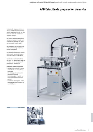 Instalaciones de formación híbridas AFB factory Instalaciones de formación para procesos de producción híbridos




                                                             AFB Estación de preparación de envíos




En la estación de preparación de en-
víos, un sistema de manipulación in-
dustrial de alta precisión de dos ejes
toma dos veces tres botellas para
formar un „six-pack“.

Las botellas se llevan mediante cin-
tas transportadoras al área de mani-
pulación. Un cámara de alta veloci-
dad comprueba los „six-packs“.

La cámara lleva un controlador inte-
grado que se encarga de la evalua-
ción de las imágenes.

La cámara permite distintos tipos de
comunicación puesto que dispone
de interfaces TCP-IP y CAN Master.

La estación se controla mediante
una placa PLC. Mediante un panel de
mando se pueden seleccionar dife-
rentes modos de operación.

Contenidos didácticos especiales
– Configuración, cableado y puesta
  en marcha de una instalación au-
  tomatizada
– Uso de equipo de manipulación
  neumático con pinzas
– Controlar y vigilar el flujo de ma-
  terial mediante transportadores
  de cinta
– Tratamiento de imágenes, control
  de proceso y calidad mediante cá-
  mara inteligente




	 Precio	               Bajo demanda	




                                                                                                                                www.festo-didactic.com     49
 