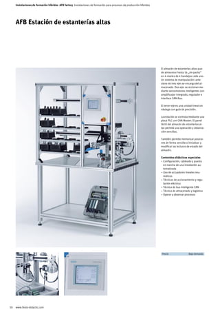 Instalaciones de formación híbridas AFB factory Instalaciones de formación para procesos de producción híbridos




     AFB Estación de estanterías altas




                                                                                                                       El almacén de estanterías altas pue-
                                                                                                                       de almacenar hasta 16 „six-packs“
                                                                                                                       en 4 niveles de 4 bandejas cada uno.
                                                                                                                       Un sistema de manipulación carte-
                                                                                                                       siano de tres ejes se encarga del al-
                                                                                                                       macenado. Dos ejes se accionan me-
                                                                                                                       diante servomotores inteligentes con
                                                                                                                       amplificador integrado, regulador e
                                                                                                                       interface CAN-Bus.

                                                                                                                       El tercer eje es una unidad lineal sin
                                                                                                                       vástago con guía de precisión.

                                                                                                                       La estación se controla mediante una
                                                                                                                       placa PLC con CAN Master. El panel
                                                                                                                       táctil del almacén de estanterías al-
                                                                                                                       tas permite una operación y observa-
                                                                                                                       ción sencillas.

                                                                                                                       También permite memorizar posicio-
                                                                                                                       nes de forma sencilla o inicializar y
                                                                                                                       modificar las lecturas de estado del
                                                                                                                       almacén.

                                                                                                                       Contenidos didácticos especiales
                                                                                                                       – Configuración, cableado y puesta
                                                                                                                         en marcha de una instalación au-
                                                                                                                         tomatizada
                                                                                                                       – Uso de actuadores lineales neu-
                                                                                                                         máticos
                                                                                                                       – Técnicas de accionamiento y regu-
                                                                                                                         lación eléctrica
                                                                                                                       – Técnica de bus inteligente CAN
                                                                                                                       – Técnica de almacenado y logística
                                                                                                                       – Operar y observar procesos




                                                                                                                       	 Precio	                Bajo demanda	




50   www.festo-didactic.com
 