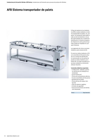 Instalaciones de formación híbridas AFB factory Instalaciones de formación para procesos de producción híbridos




     AFB Sistema transportador de palets




                                                                                                                       El flujo de material en las instalacio-
                                                                                                                       nes AFB se realiza mediante un siste-
                                                                                                                       ma transportador de palets. Los „six-
                                                                                                                       packs“ se transportan sobre palets a
                                                                                                                       cada una de las estaciones. Los pa-
                                                                                                                       lets están dotados de un sistema de
                                                                                                                       identificación. El sistema transporta-
                                                                                                                       dor dispone de cuatro puntos de pa-
                                                                                                                       rada y puede ser ampliado en cual-
                                                                                                                       quier momento.

                                                                                                                       Los segmentos de cinta se accionan
                                                                                                                       mediante cuatro motores de AC.

                                                                                                                       El control se realiza mediante un PLC
                                                                                                                       con convertidor de frecuencia situa-
                                                                                                                       do en un armario de distribución.
                                                                                                                       La comunicación con los puntos de
                                                                                                                       parada se realiza mediante una in-
                                                                                                                       terface AS. Los topes neumáticos se
                                                                                                                       accionan mediante un terminal de
                                                                                                                       válvulas industrial.

                                                                                                                       Contenidos didácticos especiales
                                                                                                                       – Configuración, cableado y puesta
                                                                                                                         en marcha de una instalación au-
                                                                                                                         tomatizada
                                                                                                                       – Uso de motores AC
                                                                                                                       – Técnica de accionamiento eléctrica
                                                                                                                       – Uso de convertidores de frecuencia
                                                                                                                       – Identificación de palets
                                                                                                                       – Técnica de bus de campo, inter-
                                                                                                                         face AS
                                                                                                                       – Flujo de material y logística
                                                                                                                       – Circuitos de seguridad
                                                                                                                       – Estructura de armarios de distribu-
                                                                                                                         ción industriales

                                                                                                                       	 Precio	                Bajo demanda	




52   www.festo-didactic.com
 