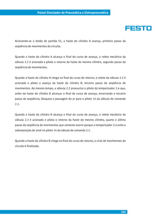 102
Painel Simulador de Pneumática e Eletropneumática
Acionando-se o botão de partida S1, a haste do cilindro A avança, primeiro passo da
seqüência de movimentos do circuito.
Quando a haste do cilindro A alcança o final do curso de avanço, o rolete mecânico da
válvula 2.2 é acionado e pilota o retorno da haste do mesmo cilindro, segundo passo da
seqüência de movimentos.
Quando a haste do cilindro A chega no final do curso de retorno, o rolete da válvula 2.2 é
acionado e pilota o avanço da haste do cilindro B, terceiro passo da seqüência de
movimentos. Ao mesmo tempo, a válvula 2.2 pressuriza o piloto do temporizador 2.4 que,
antes da haste do cilindro B alcançar o final do curso de avanço, encerrando o terceiro
passo da seqüência, bloqueia a passagem do ar para o piloto 14 da válvula de comando
2.1.
Quando a haste do cilindro B alcança o final do curso de avanço, o rolete mecânico da
válvula 2.3 é acionado e pilota o retorno da haste do mesmo cilindro, quarto e último
passo da seqüência de movimentos que somente ocorre porque o temporizador 2.4 evita a
sobreposição de sinal no piloto 14 da válvula de comando 2.1.
Quando a haste do cilindro B chega no final do curso de retorno, o ciclo de movimentos do
circuito é finalizado.
 