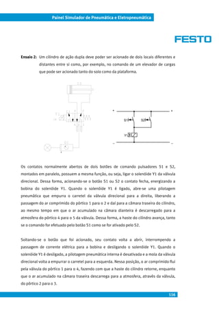 116
Painel Simulador de Pneumática e Eletropneumática
Ensaio 2: Um cilindro de ação dupla deve poder ser acionado de dois locais diferentes e
distantes entre si como, por exemplo, no comando de um elevador de cargas
que pode ser acionado tanto do solo como da plataforma.
Os contatos normalmente abertos de dois botões de comando pulsadores S1 e S2,
montados em paralelo, possuem a mesma função, ou seja, ligar o solenóide Y1 da válvula
direcional. Dessa forma, acionando-se o botão S1 ou S2 o contato fecha, energizando a
bobina do solenóide Y1. Quando o solenóide Y1 é ligado, abre-se uma pilotagem
pneumática que empurra o carretel da válvula direcional para a direita, liberando a
passagem do ar comprimido do pórtico 1 para o 2 e daí para a câmara traseira do cilindro,
ao mesmo tempo em que o ar acumulado na câmara dianteira é descarregado para a
atmosfera do pórtico 4 para o 5 da válvula. Dessa forma, a haste do cilindro avança, tanto
se o comando for efetuado pelo botão S1 como se for ativado pelo S2.
Soltando-se o botão que foi acionado, seu contato volta a abrir, interrompendo a
passagem de corrente elétrica para a bobina e desligando o solenóide Y1. Quando o
solenóide Y1 é desligado, a pilotagem pneumática interna é desativada e a mola da válvula
direcional volta a empurrar o carretel para a esquerda. Nessa posição, o ar comprimido flui
pela válvula do pórtico 1 para o 4, fazendo com que a haste do cilindro retorne, enquanto
que o ar acumulado na câmara traseira descarrega para a atmosfera, através da válvula,
do pórtico 2 para o 3.
+
_
S1 S2
Y1
+
_
 