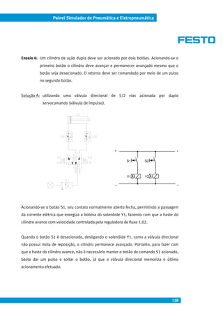 118
Painel Simulador de Pneumática e Eletropneumática
Ensaio 4: Um cilindro de ação dupla deve ser acionado por dois botões. Acionando-se o
primeiro botão o cilindro deve avançar e permanecer avançado mesmo que o
botão seja desacionado. O retorno deve ser comandado por meio de um pulso
no segundo botão.
Solução A: utilizando uma válvula direcional de 5/2 vias acionada por duplo
servocomando (válvula de impulso).
Acionando-se o botão S1, seu contato normalmente aberto fecha, permitindo a passagem
da corrente elétrica que energiza a bobina do solenóide Y1, fazendo com que a haste do
cilindro avance com velocidade controlada pela reguladora de fluxo 1.02.
Quando o botão S1 é desacionado, desligando o solenóide Y1, como a válvula direcional
não possui mola de reposição, o cilindro permanece avançado. Portanto, para fazer com
que a haste do cilindro avance, não é necessário manter o botão de comando S1 acionado,
basta dar um pulso e soltar o botão, já que a válvula direcional memoriza o último
acionamento efetuado.
+
_
+
_
S1 S2
Y1 Y2
 