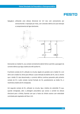 121
Painel Simulador de Pneumática e Eletropneumática
Solução C: utilizando uma válvula direcional de 5/2 vias com acionamento por
servocomando e reposição por mola, com comando elétrico de auto-retenção
e comportamento de ligar dominante.
Acionando-se o botão S1, seu contato normalmente aberto fecha e permite a passagem da
corrente elétrica que liga a bobina do relê auxiliar K1.
O primeiro contato de K1 utilizado no circuito, ligado em paralelo com o botão S1 e em
série com o botão S2, fecha para efetuar a auto-retenção da bobina de K1, isto é, mesmo
que o botão S1 seja desacionado, a corrente elétrica continua passando pelo primeiro
contato de K1 e pelo contato normal fechado de S2, paralelamente ao botão S1, e
mantendo a bobina de K1 energizada.
Um segundo contato de K1, utilizado no circuito, liga a bobina do solenóide Y1 que,
quando energizado, abre a pilotagem pneumática que aciona o carretel da válvula
direcional para a direita, fazendo com que a haste do cilindro avance com velocidade
controlada pela reguladora de fluxo 1.02.
_
S2
K1 Y1
+
S1 K1 K1
_
+
 
