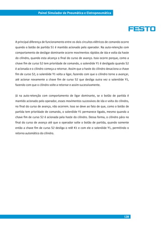 128
Painel Simulador de Pneumática e Eletropneumática
A principal diferença de funcionamento entre os dois circuitos elétricos de comando ocorre
quando o botão de partida S1 é mantido acionado pelo operador. Na auto-retenção com
comportamento de desligar dominante ocorre movimentos rápidos de ida e volta da haste
do cilindro, quando esta alcança o final do curso de avanço. Isso ocorre porque, como a
chave fim de curso S2 tem prioridade de comando, o solenóide Y1 é desligado quando S2
é acionada e o cilindro começa a retornar. Assim que a haste do cilindro desaciona a chave
fim de curso S2, o solenóide Y1 volta a ligar, fazendo com que o cilindro torne a avançar,
até acionar novamente a chave fim de curso S2 que desliga outra vez o solenóide Y1,
fazendo com que o cilindro volte a retornar e assim sucessivamente.
Já na auto-retenção com comportamento de ligar dominante, se o botão de partida é
mantido acionado pelo operador, esses movimentos sucessivos de ida e volta do cilindro,
no final do curso de avanço, não ocorrem. Isso se deve ao fato de que, como o botão de
partida tem prioridade de comando, o solenóide Y1 permanece ligado, mesmo quando a
chave fim de curso S2 é acionada pela haste do cilindro. Dessa forma, o cilindro pára no
final do curso de avanço até que o operador solte o botão de partida, quando somente
então a chave fim de curso S2 desliga o relê K1 e com ele o solenóide Y1, permitindo o
retorno automático do cilindro.
 
