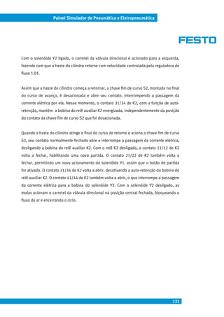 131
Painel Simulador de Pneumática e Eletropneumática
Com o solenóide Y2 ligado, o carretel da válvula direcional é acionado para a esquerda,
fazendo com que a haste do cilindro retorne com velocidade controlada pela reguladora de
fluxo 1.01.
Assim que a haste do cilindro começa a retornar, a chave fim de curso S2, montada no final
do curso de avanço, é desacionada e abre seu contato, interrompendo a passagem da
corrente elétrica por ela. Nesse momento, o contato 31/34 de K2, com a função de auto-
retenção, mantém a bobina do relê auxiliar K2 energizada, independentemente da posição
do contato da chave fim de curso S2 que foi desacionada.
Quando a haste do cilindro atinge o final do curso de retorno e aciona a chave fim de curso
S3, seu contato normalmente fechado abre e interrompe a passagem da corrente elétrica,
desligando a bobina do relê auxiliar K2. Com o relê K2 desligado, o contato 11/12 de K2
volta a fechar, habilitando uma nova partida. O contato 21/22 de K2 também volta a
fechar, permitindo um novo acionamento do solenóide Y1, assim que o botão de partida
for ativado. O contato 31/34 de K2 volta a abrir, desativando a auto-retenção da bobina do
relê auxiliar K2. O contato 41/44 de K2 também volta a abrir, o que interrompe a passagem
da corrente elétrica para a bobina do solenóide Y2. Com o solenóide Y2 desligado, as
molas acionam o carretel da válvula direcional na posição central fechada, bloqueando o
fluxo do ar e encerrando o ciclo.
 